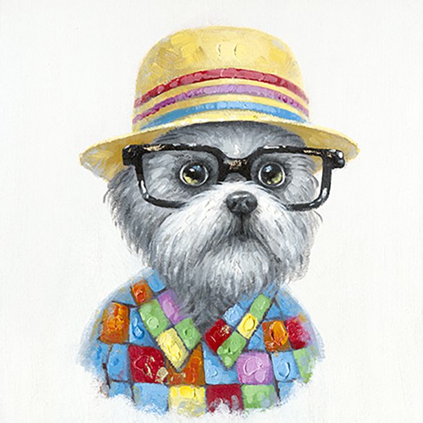 Pet Wall Art Dog With Hat n Glasses Fun Canvas Stretched Frame 28x28