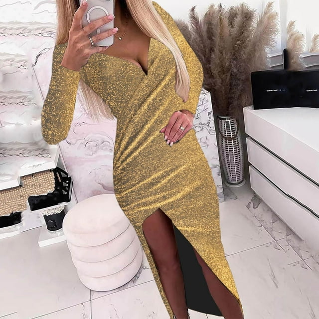 UPPADA Robe de Cocktail pour Femmes à Manches Longues Robe d'Invitée de Mariage Fente Latérale Jolie Robe Formelle Évasée Taille Haute Robe de Fête Robe de Bal Robe de Cocktail Liquidation en Liquidation
