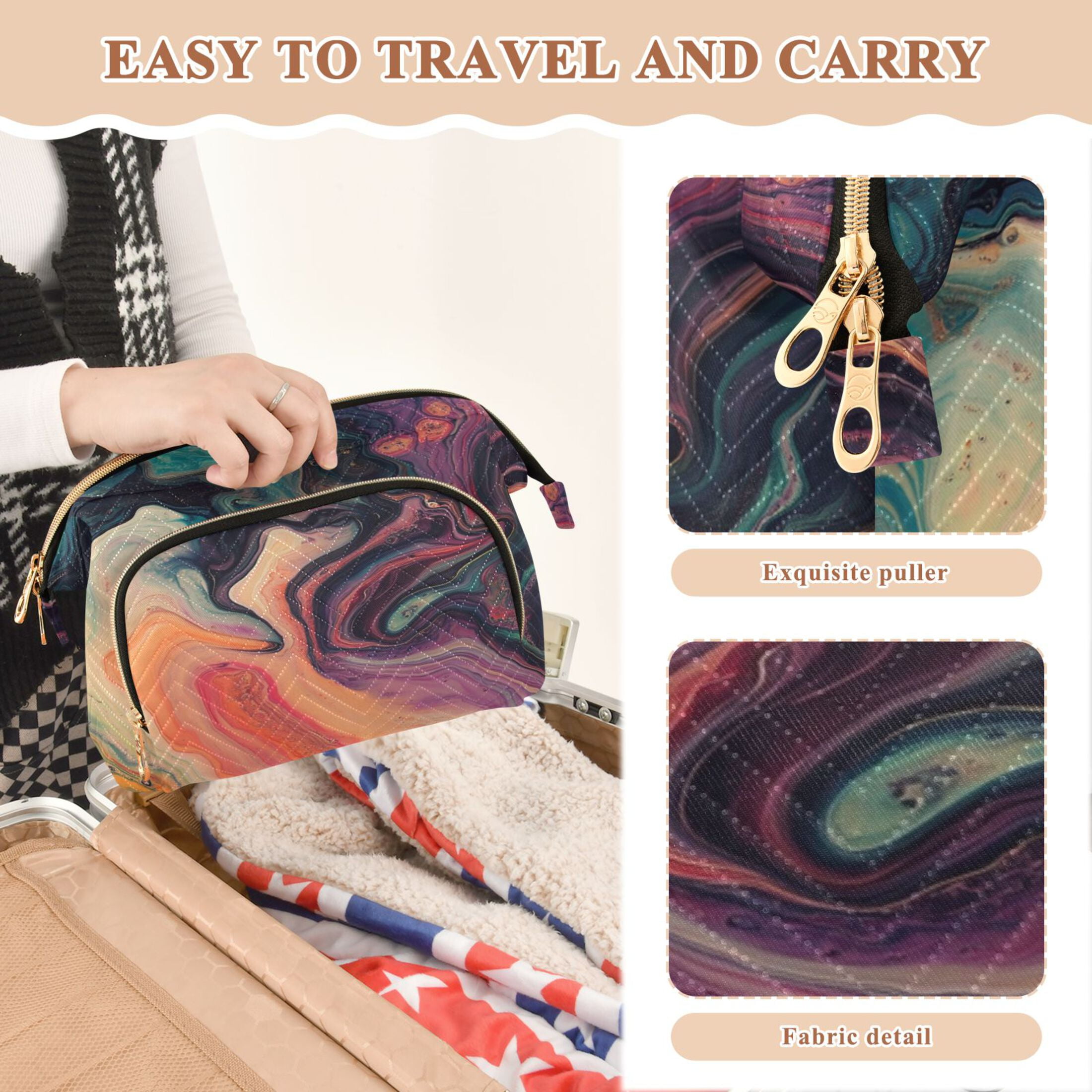 Wavy Quilted Cosmetic Bag Large-Capacity Travel Toiletry Organizer Includes 9-Piece Portable Travel Bottle Set Fluid Abstract Patterns