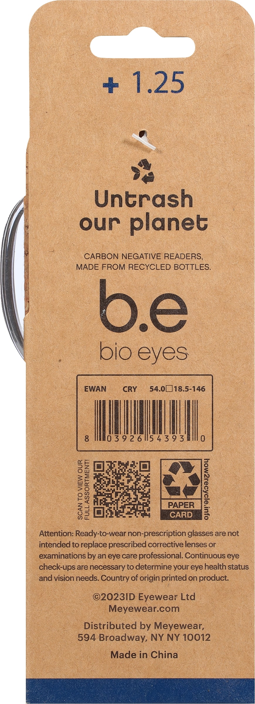 (2 pack) B.E Bio Eyes Mens Rectangular Reading Glasses Made from Recycled Plastic Ewan +1.25 in Crystal