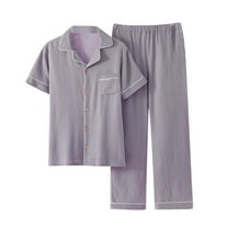 SuTry Men's Two Piece Sleepwear Sets Solid Color Short Sleeved Blouses and Long Pants Sleepwear Gauze Breathability Material for Summer(Gray,2XL)