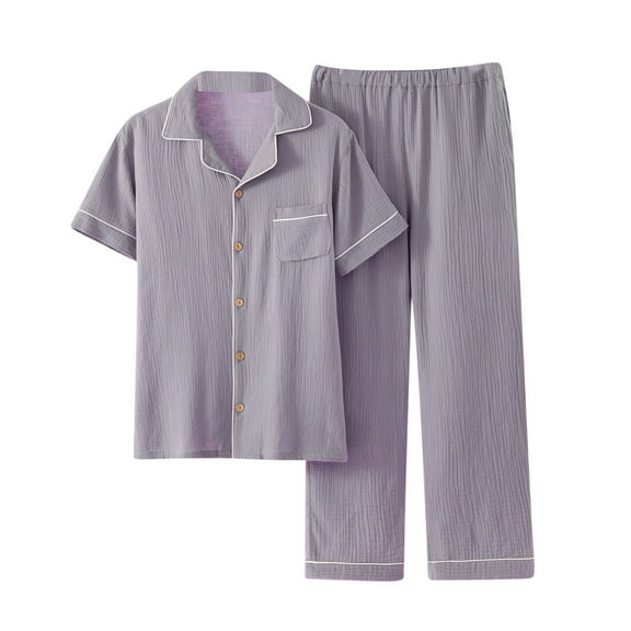 Kakii Mens Pajama Set Short Sleeve Classic Sleepwear Button Down Silky Loungewear with Long Pants