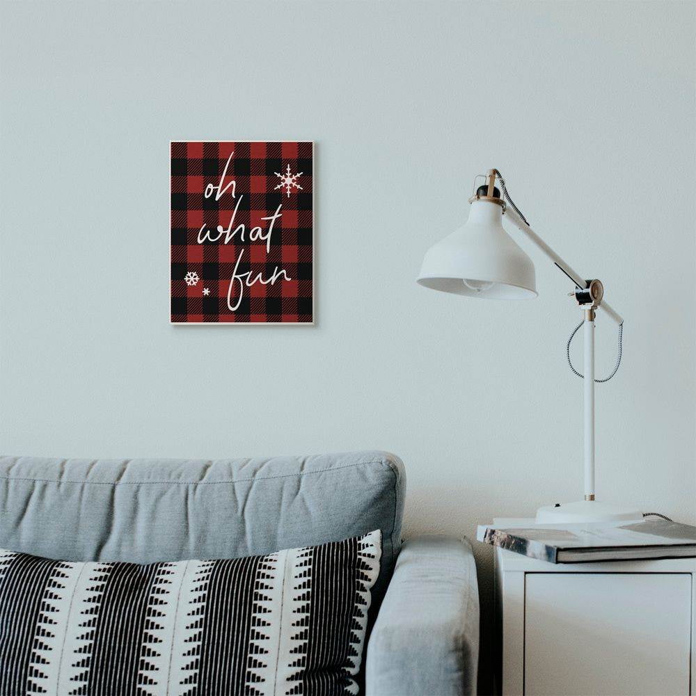 Stupell Industries Oh What Fun Christmas Holiday Red Plaid Word Design Wood Wall Art By Artist Daphne Polselli