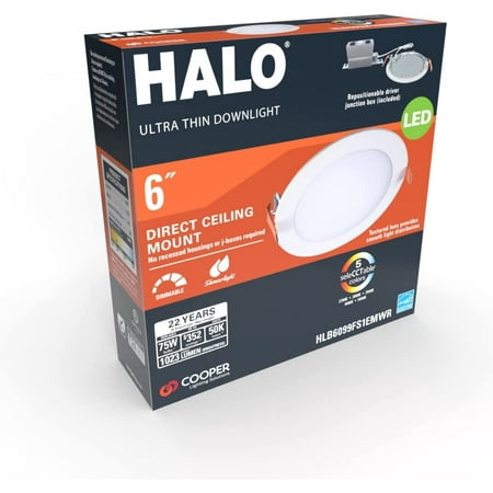 

HALO 6 inch Recessed LED Ceiling & Shower Disc Light \u2013 Canless Ultra Thin Downlight \u2013 2700K/3000K/3500K/4000K/5000K Selectable - White - 6 Pack
