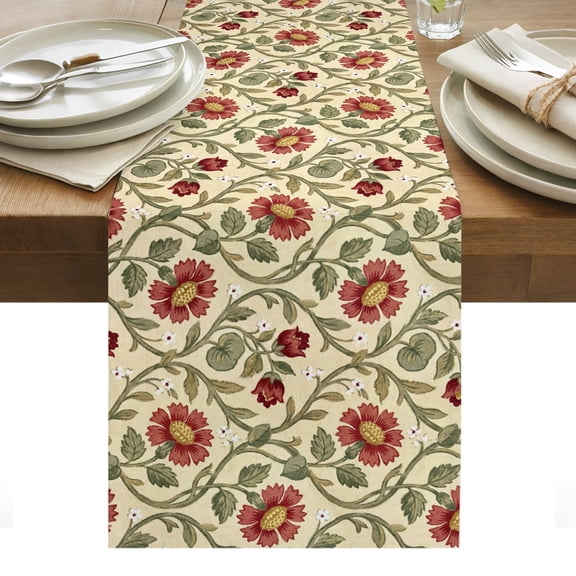 Vintage Poppies Table Runner Farmhouse Vines Botanical Flowers Tablerunners 14 x 72 Inch, Table Decorations Tabletop Scarf for Summer Gathering Holiday Farmhouse Kitchen Dining Decor