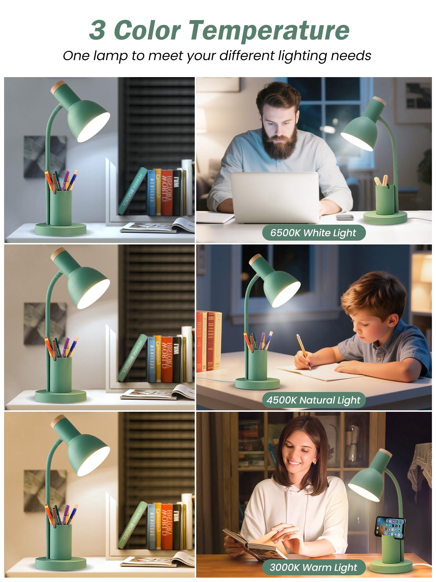 Led Desk Lamp For Home Office  Table With Pen Holder 3 Color Modes Reading Light Eye-caring Gooseneck Metal Study Dorm Bedside Bedroom (green Lamp)