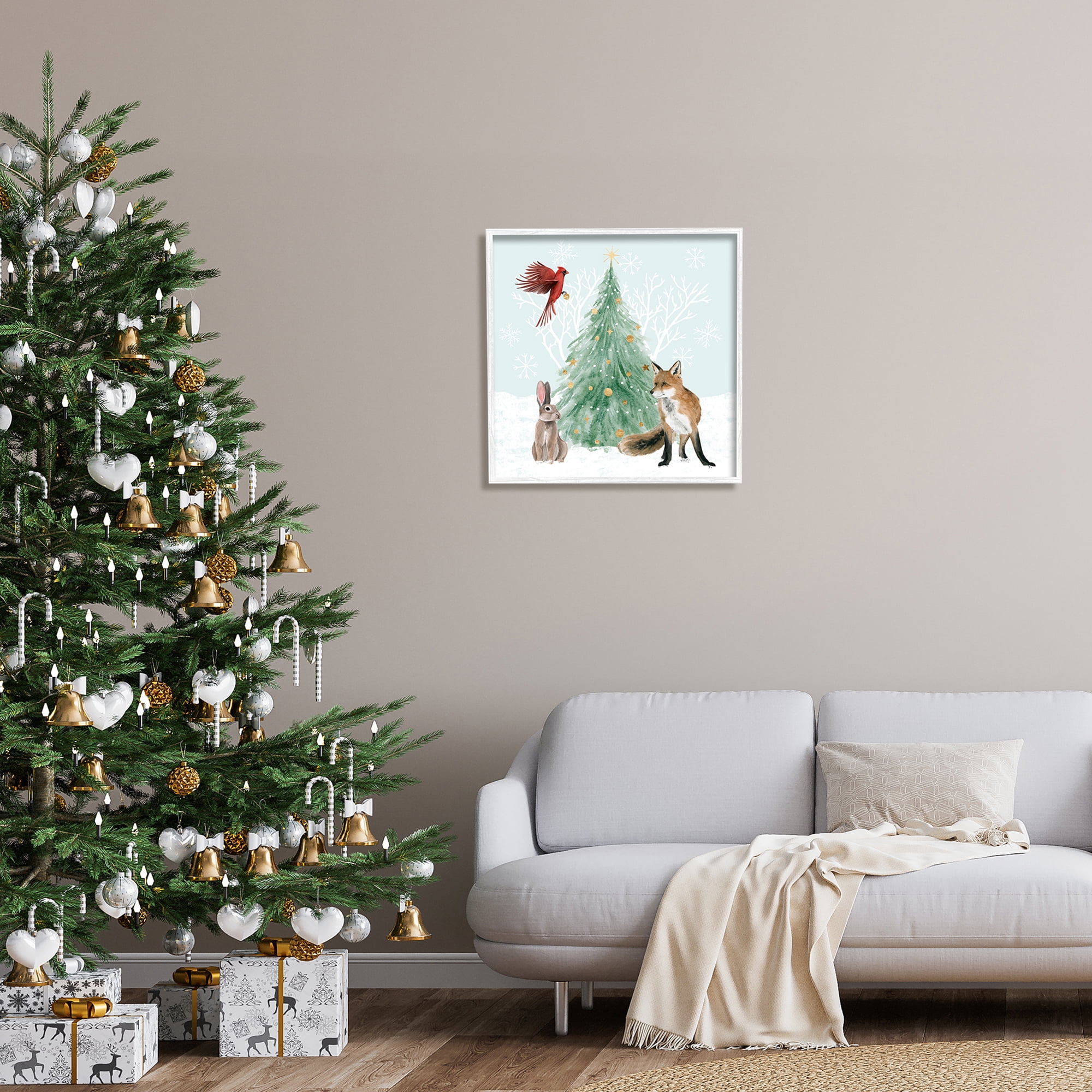 Wintery Wildlife Decorated Christmas Tree Snowflakes Animals & Insects Painting Framed Art Print Wall Art