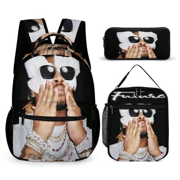 Future Backpack  Rapper 17 Inch 3 Piece Set with Insulated Lunch Bag and Pencil Case, Bookbag Laptop Backpack Cartoon Durable Lightweight Casual Backpack