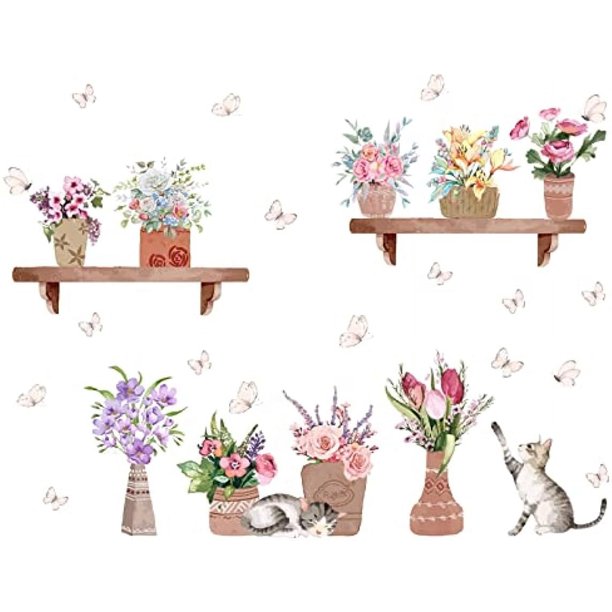 Pegatinas de pared con diseño de flores y plantas en macetas, diseño de gato y mariposa, extraíbles, para decoración del hogar, vinilo de bricolaje, para dormitorio, sala de estar, sofá, telón de
