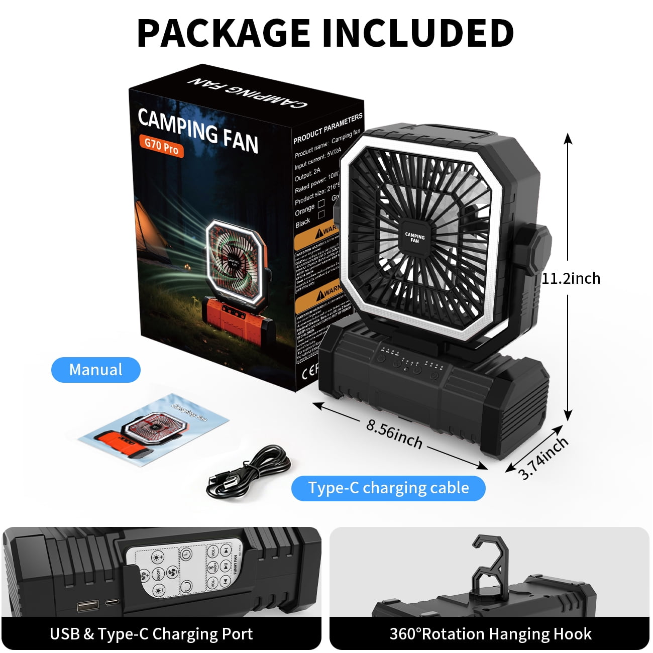 SuperRGB Portable Camping Fan, 20000mAh Rechargeable Battery Operated Fan with LED Light & Remote, 4 Speeds, Timer & Hanging Hook for Tent, Outdoor, Travel, Emergency, Black