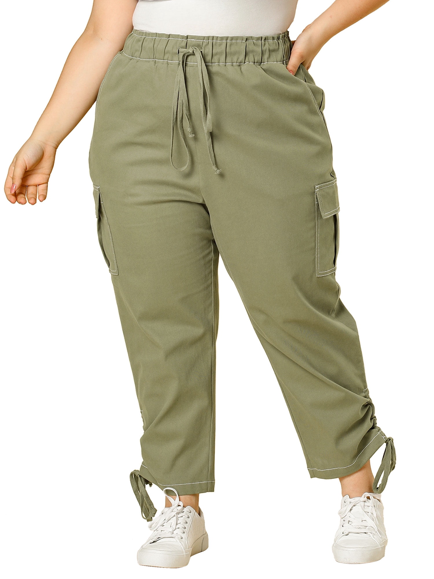 Plus Size Cargo Pants for Women High Waist Drawstring Elastic Waist 4X Army Green