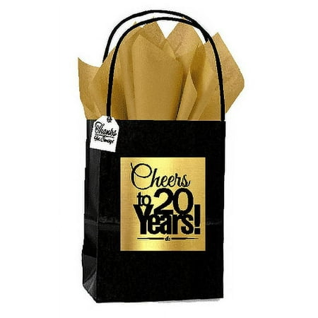 Black & Gold 20th Birthday / Anniversary Cheers Themed Small Party Favor Gift Bags with Tags -12pack