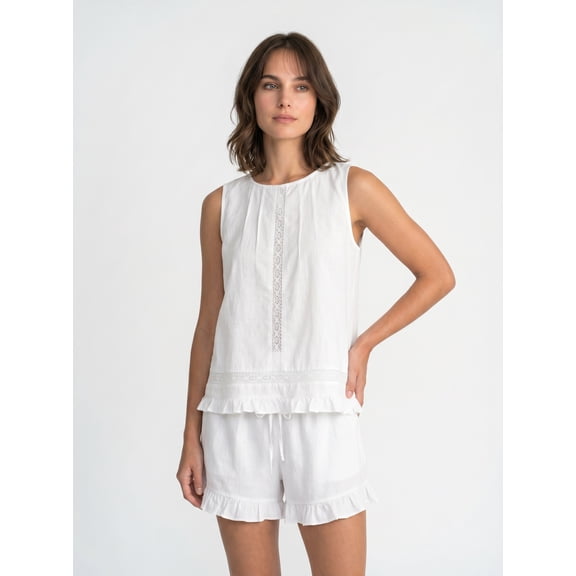 ZToonmas Women's 2 Piece Outfits Sleeveless Lace Trim Ruffle Hem Top and Ruffle Shorts Set Solid Casual Summer Loungewear