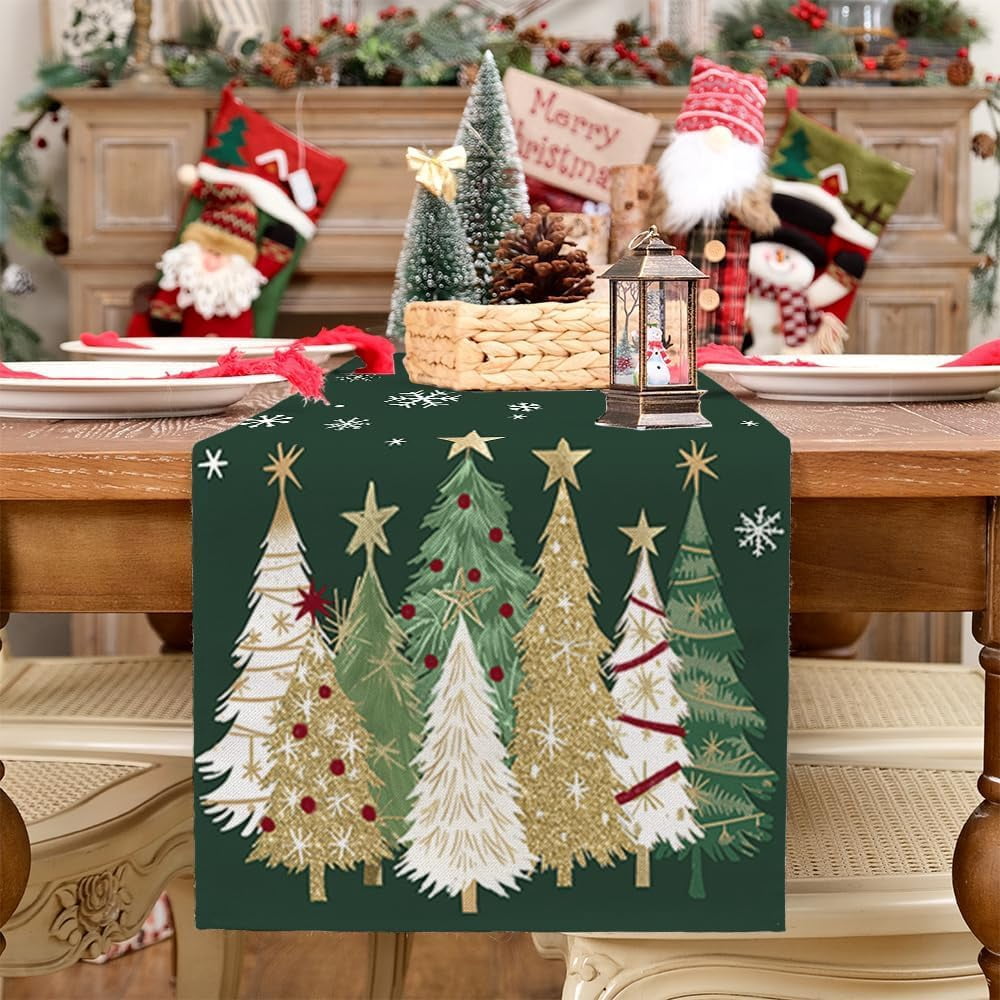 Christmas Table Runner 13x72 Inch, Xmas Trees Snowflakes Holiday Decorative Farmhouse Table Decoration for Kitchen Dinning, Indoor Outdoor Dinner Party Decor