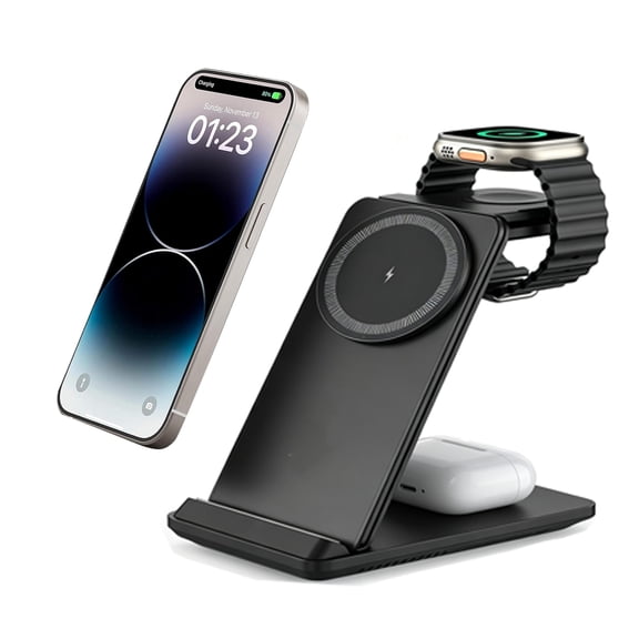 15W 3-in-1 Magnetic Wireless Charger Stand, Foldable Fast Charging Dock for iPhone 12-16, Apple Watch, AirPods, Black