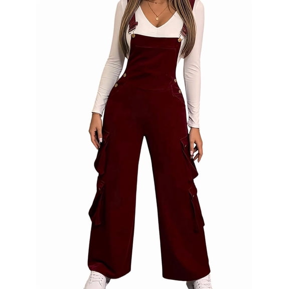 Women'S Corduroy Overalls with Adjustable Straps, Baggy Bib Jumpsuit, Casual with Pockets Red M