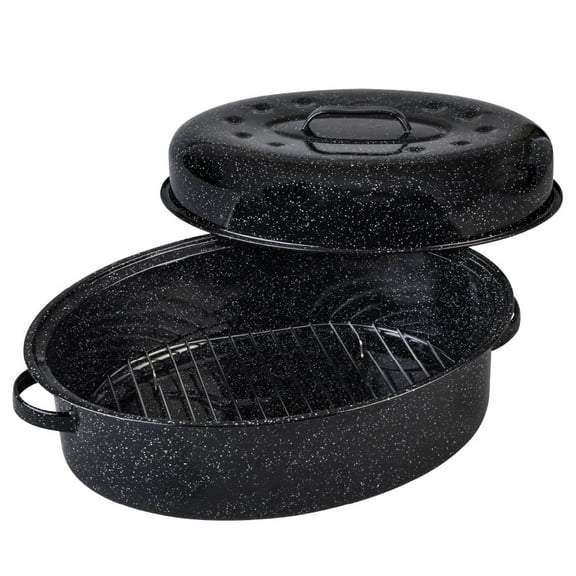 Granite Ware 19 inch Oval Roaster with Lid, Oval Rack included (Speckled Black) - Design to accommodate up to 20 lb poultry/roast. Resists up to 932°F
