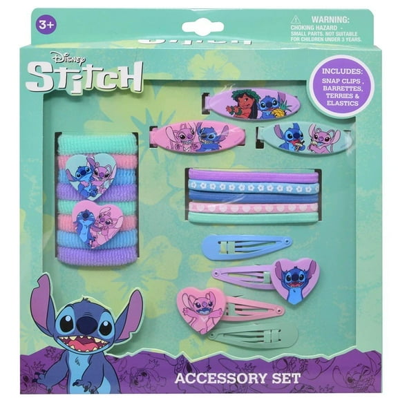 Stitch 20pc Accessory Set in box- 4 snap clips, 3 barrettes, 8 terries, 5 elastics
