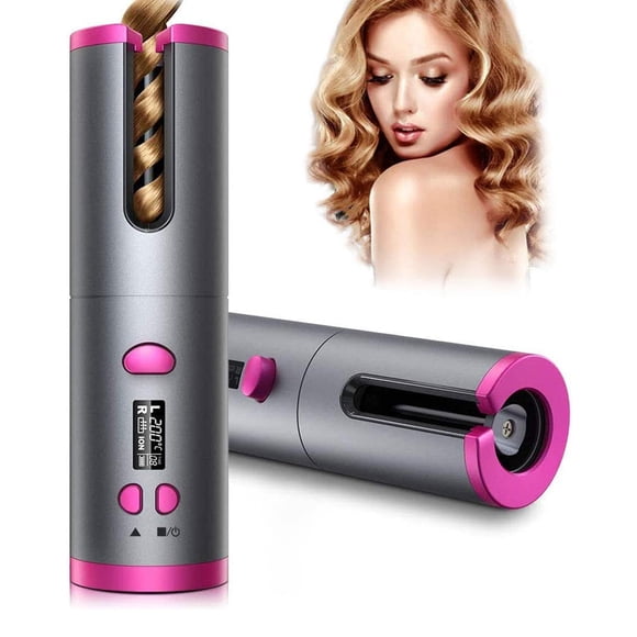 Fer à Friser en Céramique Sans Fil à Rotation Automatique, Rechargeable par USB, Fer à Friser Automatique avec Affichage LED, Friseur à Ondes de Température, Couleur Grise