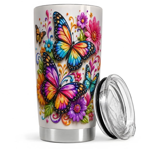 Colorful Butterfly 20oz Tumbler, Colorful Butterfly Tumbler, Daily Coffee Cup for Travel, Bright Garden Scene with Pink Flowers, Rainbow Wings, Floral Swirl Nature Decor for Women