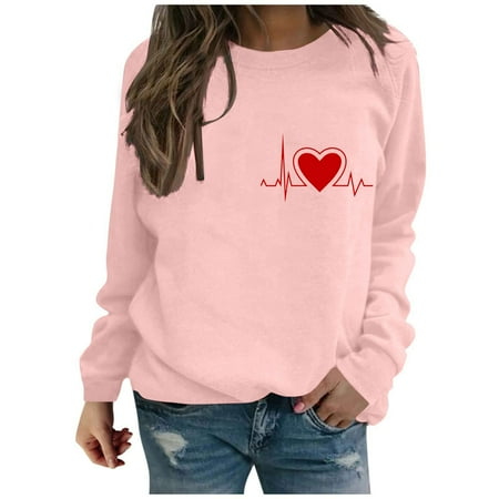 

Womens Long Sleeves Blouse Valentine s Day Fashion Love Printing Solid Pullover Casual Loose Round Neck Ladies Tunics Sweatshirt Top