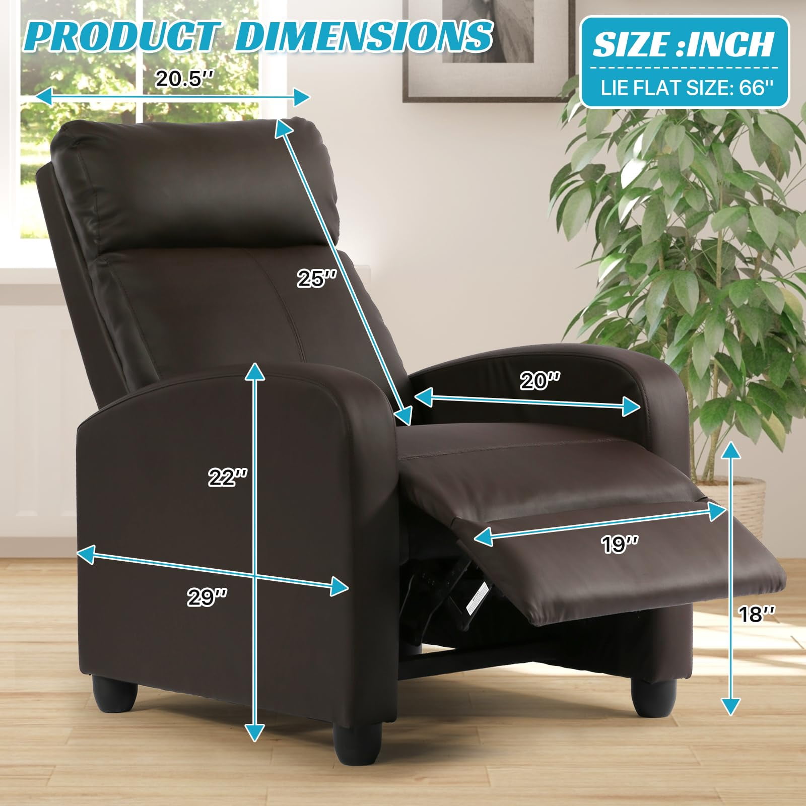 NiamVelo Recliner Chair for Adults, PU Leather Recliner Sofa with Lumbar Support, Adjustable Modern Reclining Chair with Padded Seat Backrest for Home, Living Room, Theater （Brown）