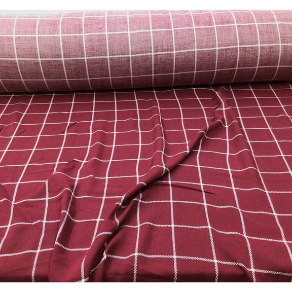 Challis Rayon Apparel Fabric Burgundy White Plaid F220