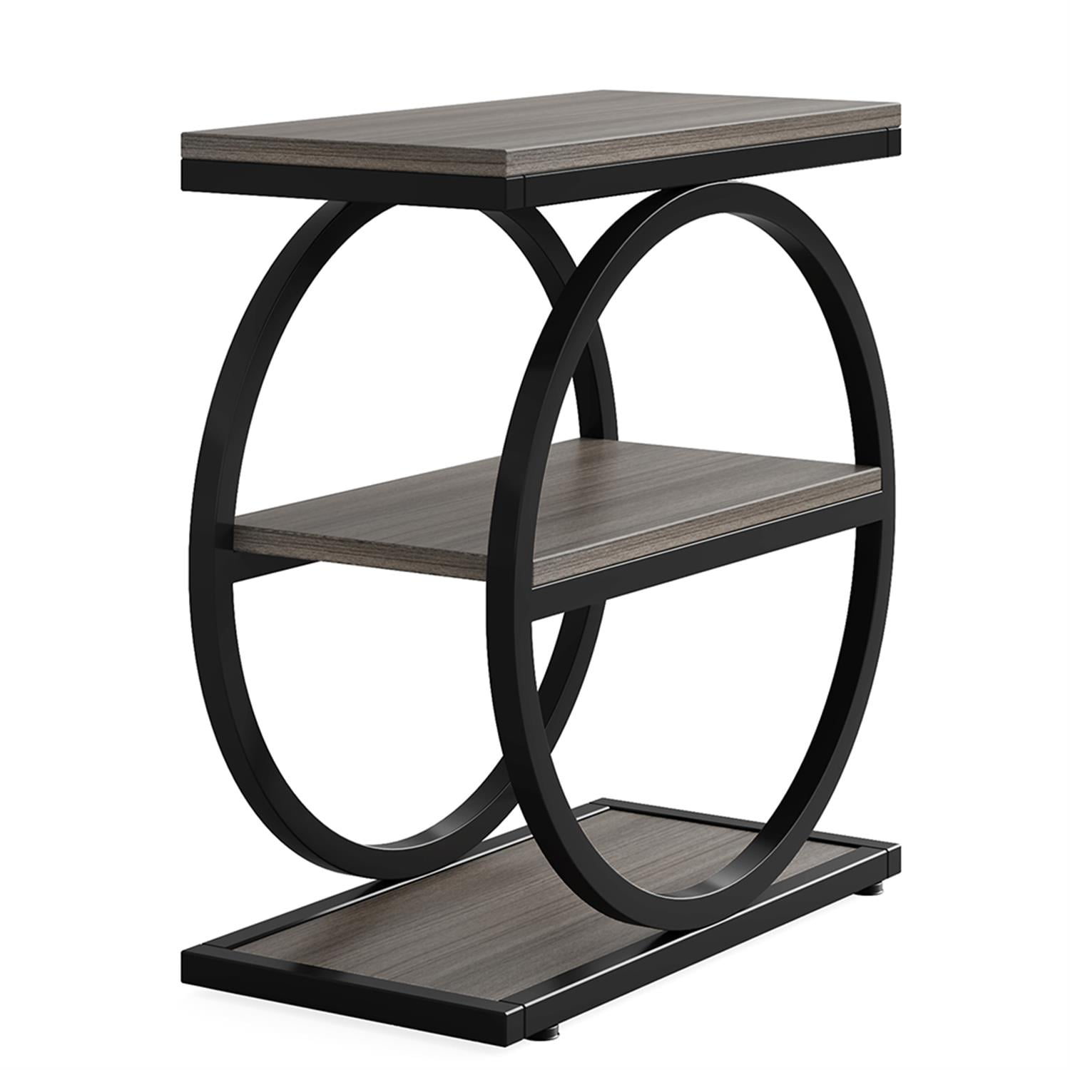Demi Bonn 3-Tier End Table, Industrial Sofa Side Table with Round Metal Frame for Hallway, Entrance, Living Room, Bedroom, Gray