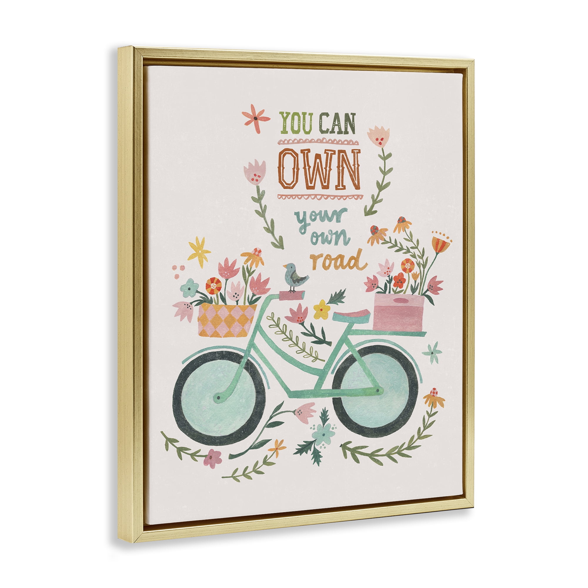 Stupell Industries Own Road Phrase with Bicycle Transportation Painting Gold Floater Framed Canvas Art Print Wall Art, 25 x 31
