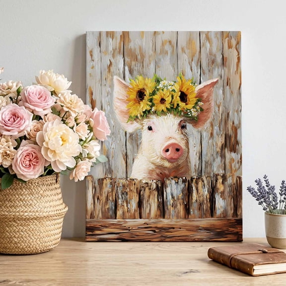 Canvas Wall Art Farmhouse Pig Canvas Art Print Cute Sunflower Rustic Farm Wood Grain Oil Painting Wall Decor for Living Room Bedroom Artwork Decorations Stretched Framed Ready to Hang 8"x12"