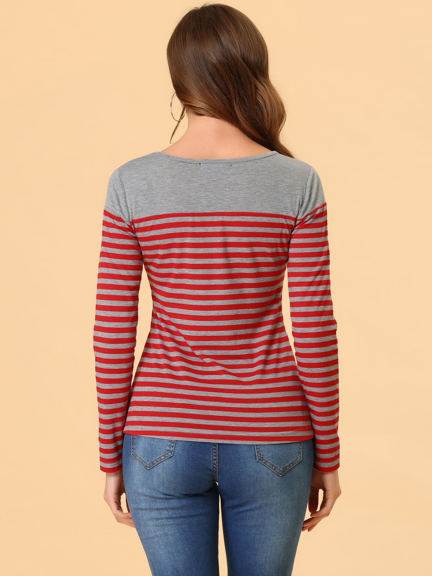 DARING DIVA Women's Color Block Striped Knit Top Long Sleeves T-Shirt XL Red