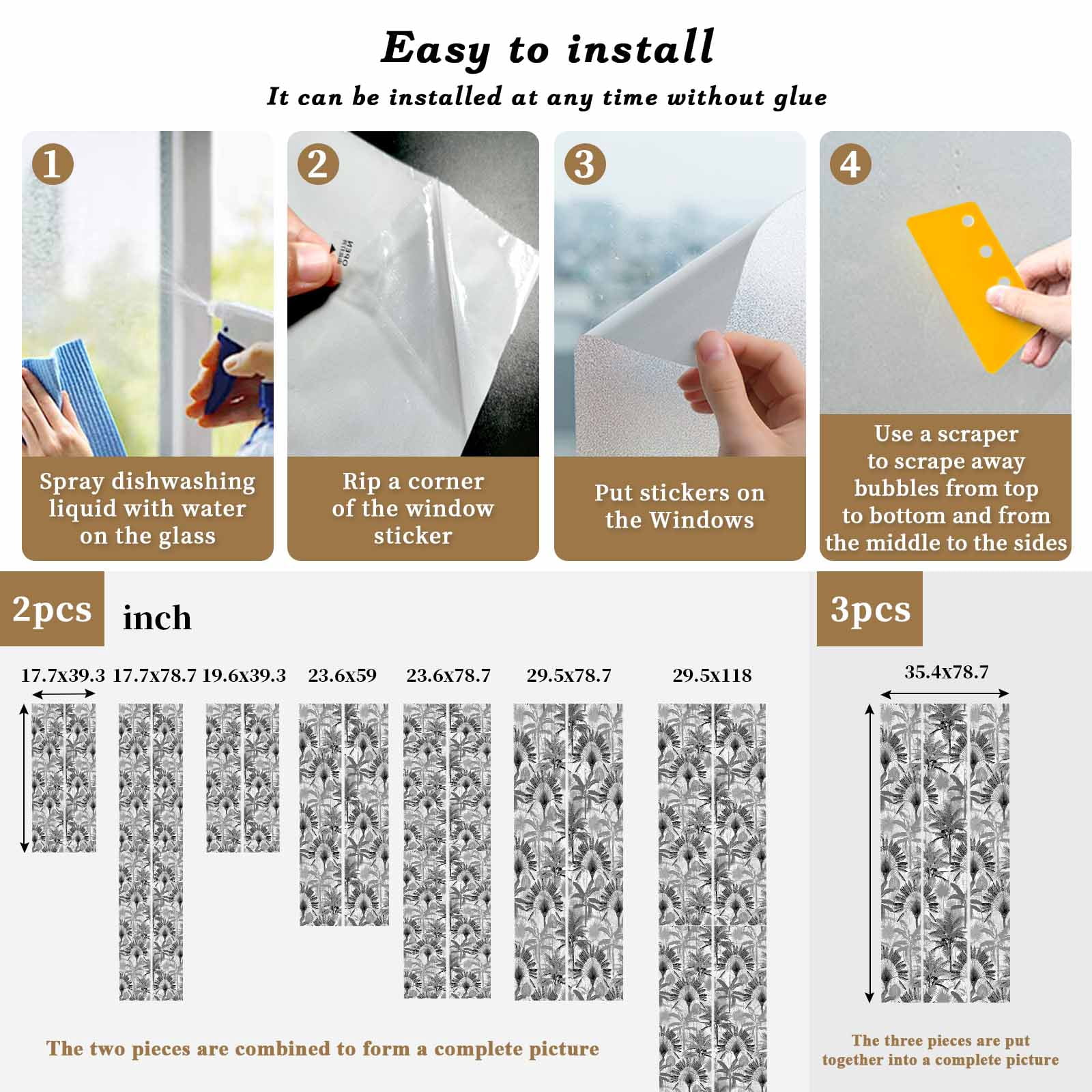 Grey Tropical Leaves Window Privacy Film, Summer Palm Trees Botanical Static Cling UV Sun Blocking Tint Film Heat Control Windows Films for Bedroom Bathroom, Window Stickers 23.6"x59"