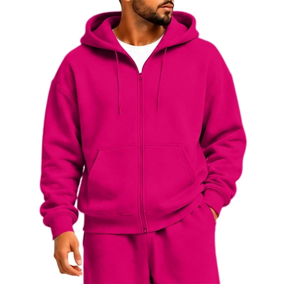 Rexolia Mens Full Zip Hoodie Long Sleeve Solid Color Plain Hooded Sweatshirt Casual Track Jacket Fall Spring Lightweight Hot Pink L