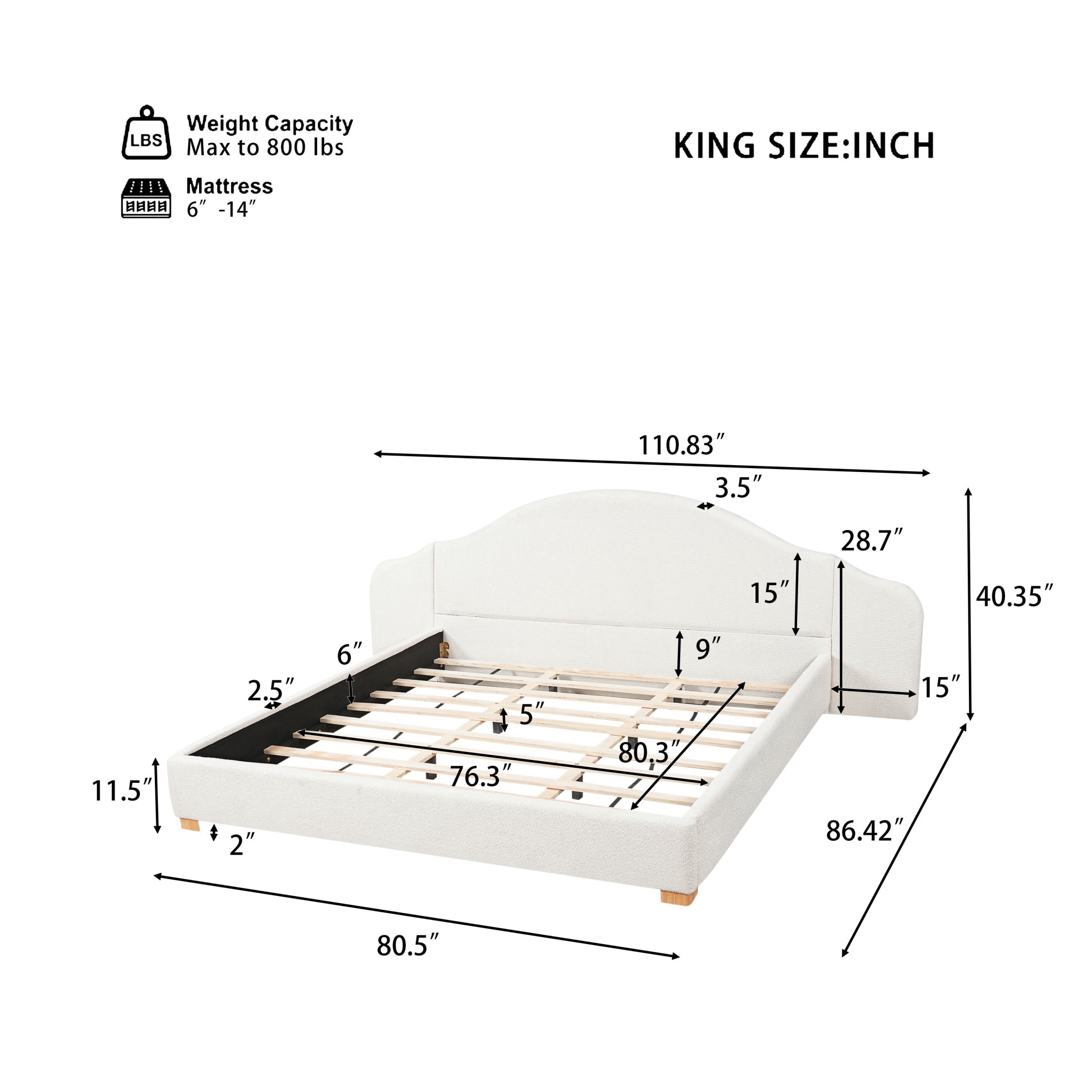 Christopher Knight Home Modern King Upholstered Bed Frame with Wide Curved Headboard, Cream White
