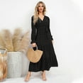 thumbnail image 4 of IWEMEK Women Dresses V Neck Wrap Tie Swiss Dot Dress Fashion Casual Fall Long Sleeve Maxi Comfort Solid Black Outfits, 4 of 6
