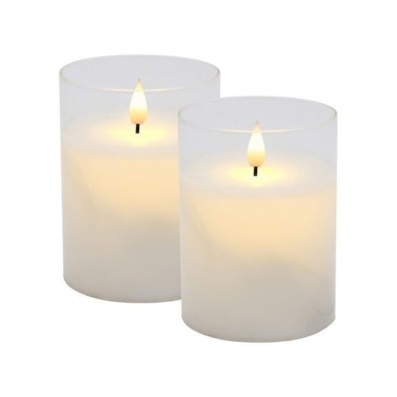 LumaBase Battery Operated LED Glass Candles with Moving Flame - Set of 2