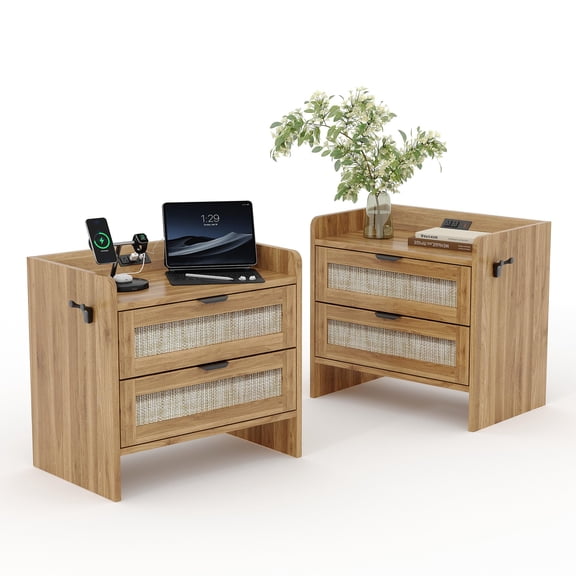 Garvee Rattan Nightstand Set of 2, Table, Modern Night Stand with Type-C Charging Station, 2 Drawer Storage Space, Suitable for Bedroom, Office, or Living Room as a End Table, Side Tables