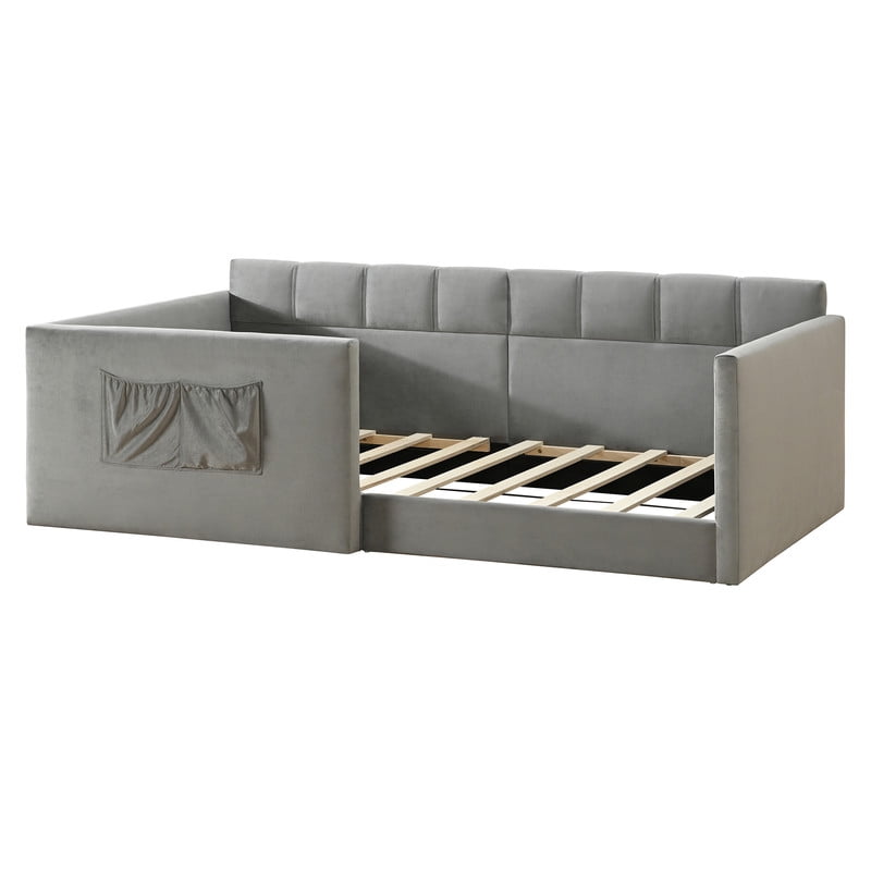 Twin Size Velvet Daybed with 2 Storage Pockets, Upholstered Guest Sofa Bed Frame with High & Padded Backrest