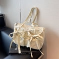 thumbnail image 5 of Women Plain Drawstring Tote Bag With Bow Cute Shoulder Bag Large Capacity Decor Bag (Beige), 5 of 10