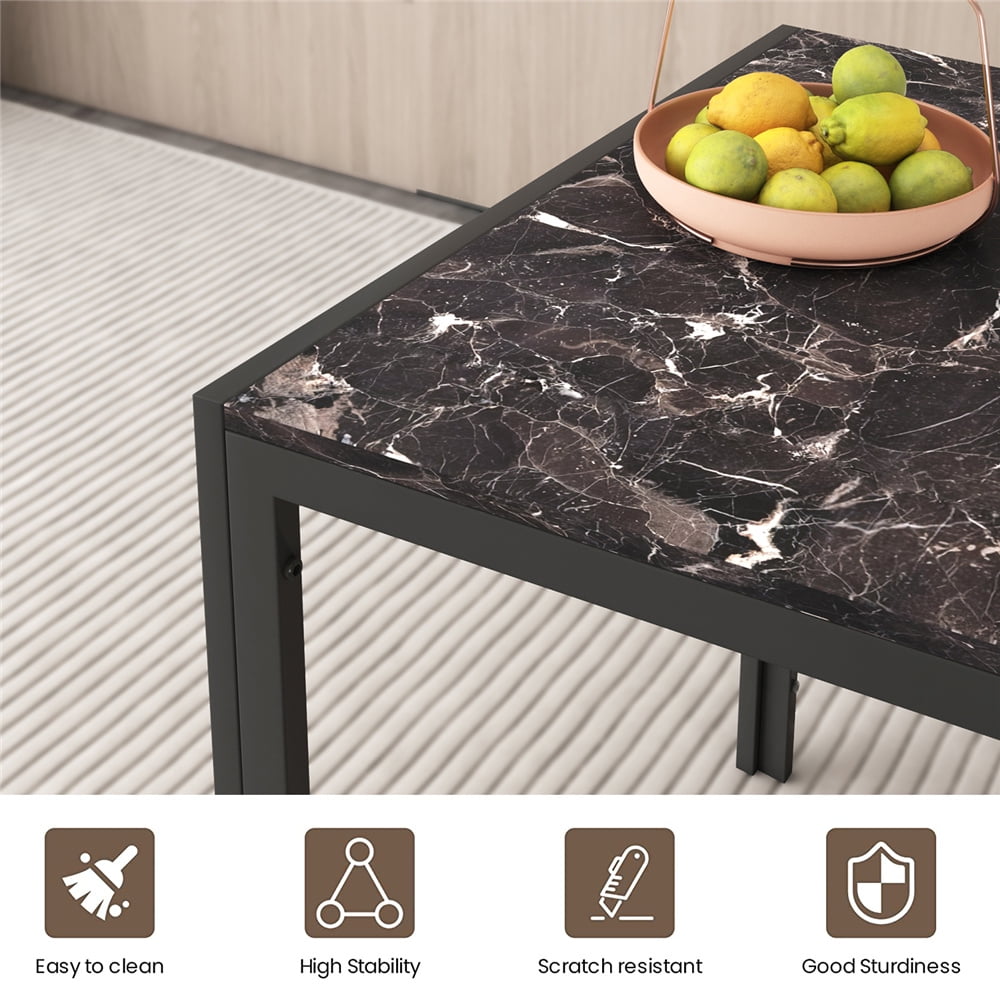UHOMEPRO Dining Table Set for 4, 5 Piece Dining Room Table Set with Black PU Leather Chairs, Brown Faux Marble Pattern Rectangle Kitchen Table Set for Breakfast Nook Small Space