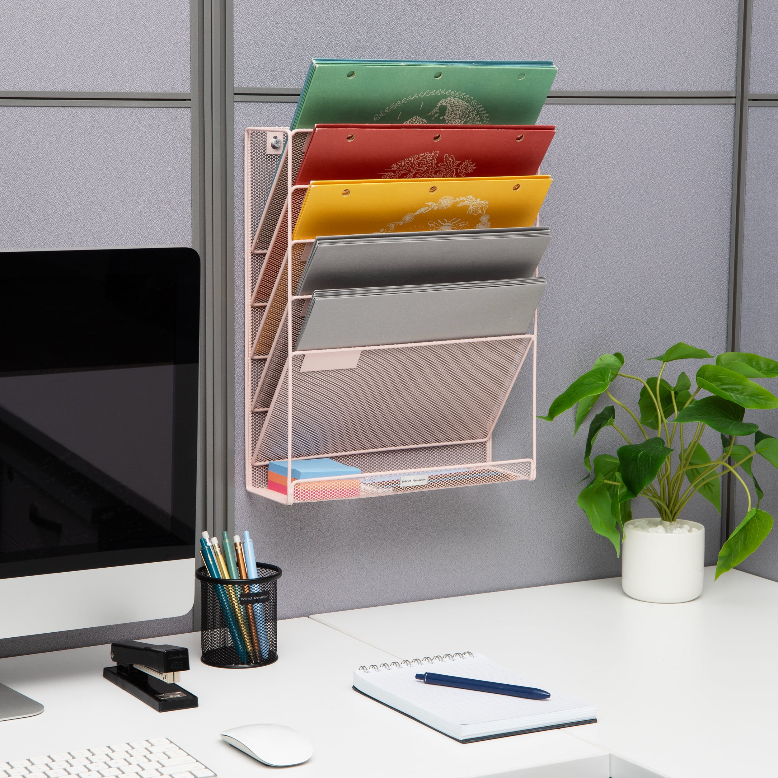 Mind Reader 5-Tier Vertical File Storage, Desktop Organizer, Wall Mount, Office, Metal, Pink