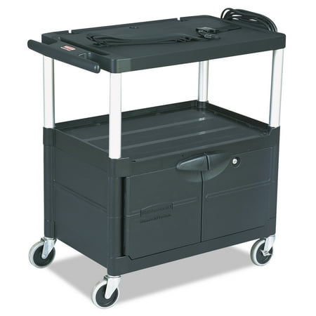 Rubbermaid Commercial MediaMaster Three-Shelf AV Cart with Cabinet, 18-5/8w x 32-1/2d x 32-1/8h, Black