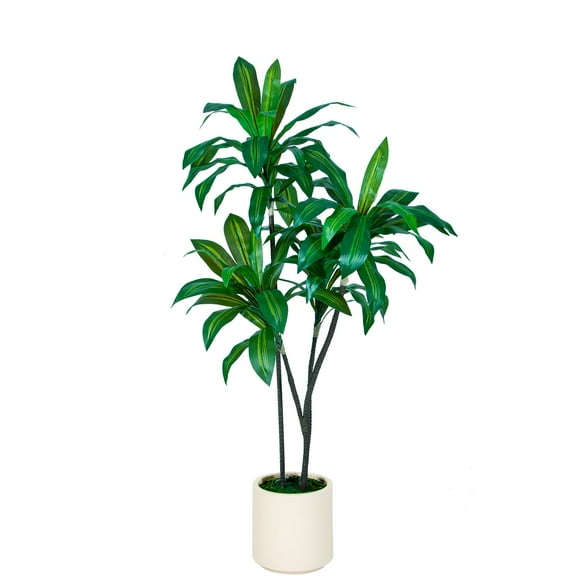 5FT Tall Faux Dracaena Tree with White Tall Planter, Artificial Plants with Natural Wood Trunk and Lifelike Leaves for Home Office Decor, Green