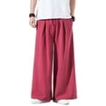 thumbnail image 2 of Lumtrix Mens Cotton Linen Pants Wide Leg Baggy Pants Elastic Waist Casual Summer Beach Palazzo Trousers with Pockets Wine M, 2 of 4