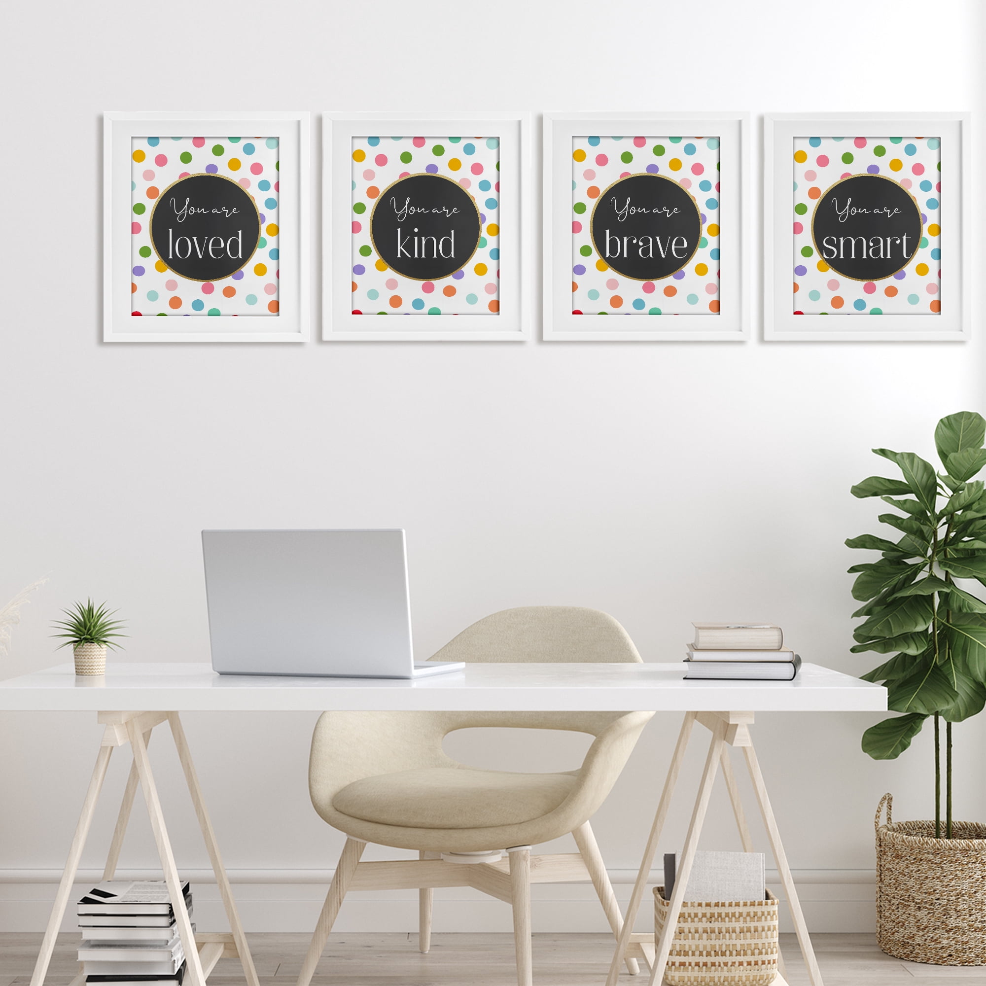 Stupell Industries Polka Dot Affirmations 4 Piece White Framed Print Under Glass Set, design by Christine Simpson Art
