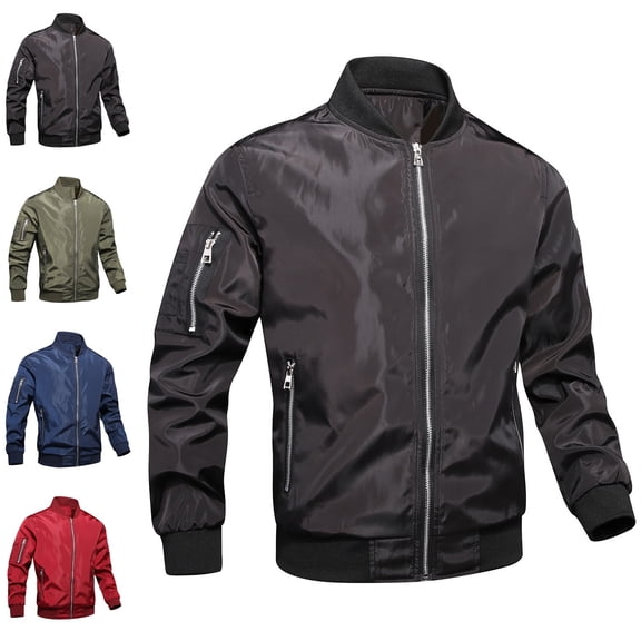 Zysthvn Fall Men Jacket Lightweight Full Zip Casual Bomber Mens Outerwear Stand Collar Solid Long Sleeve Outdoor with Pockets