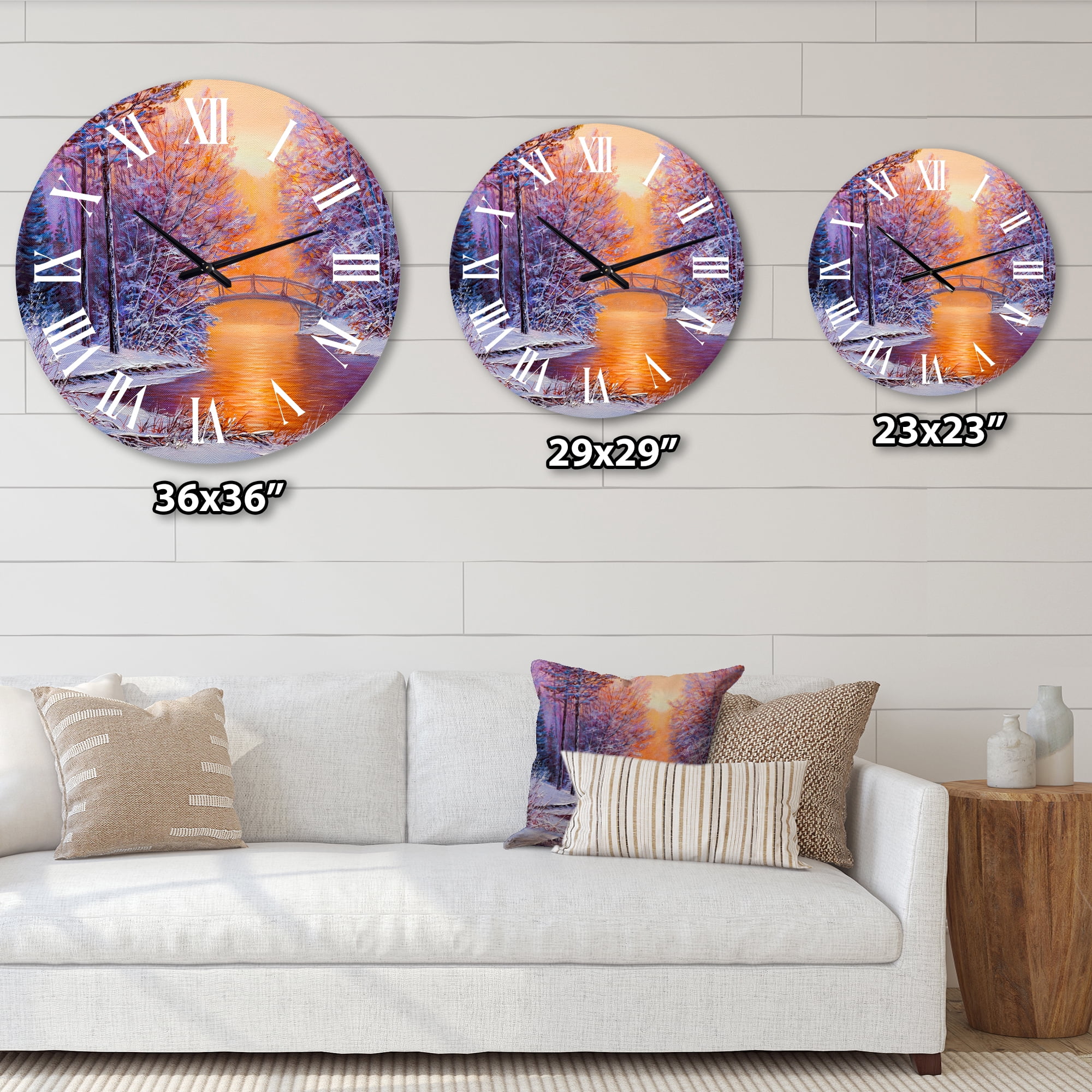 Designart 'Bridge Over The River In Winter Landscape' Traditional Wall Clock