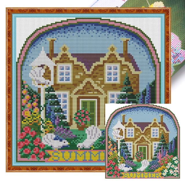 Kit Punto Cruz Cabaña Verano Impreso Hilo Algodón Ecológico Bordado 14CT 25x26cm