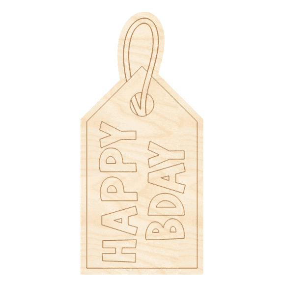 Unfinished Wood Etched Happy Bday Gift Tag Shape | Paint By Line Crafts 6" / 1/4"