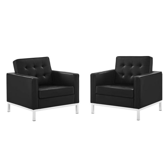 Tufted Armchair Accent Chair, Set of 2, Faux Leather, Silver Black, Modern Contemporary Urban Design, Living Lounge Room Hotel Lobby Hospitality